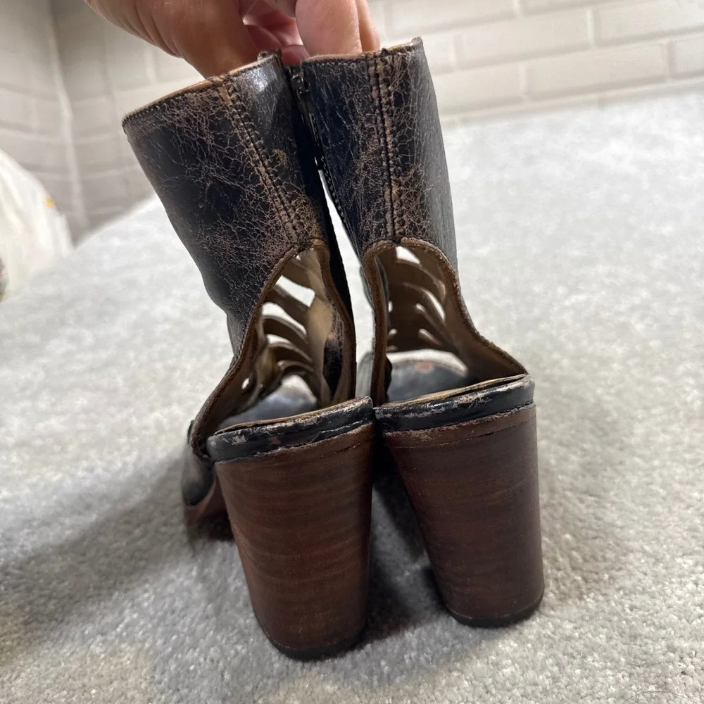 BED STU Occam Gladiator Distressed Leather Cage Peep Toe Heels Sz 6 Bench Made